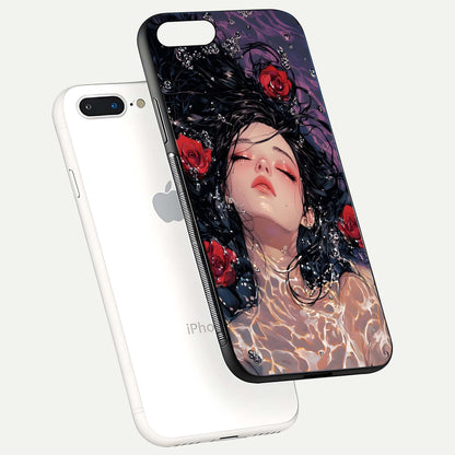Crimson Rose Serenity Glass Case for iPhone 7 Plus floating mockup showing HD gloss and floral texture