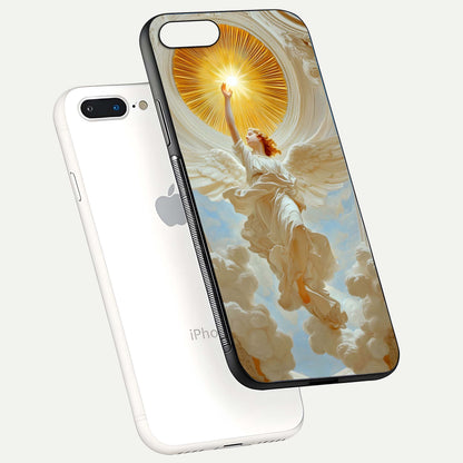 Divine Light Angel Glass Case for iPhone 7 Plus floating mockup showing gloss texture and radiant light