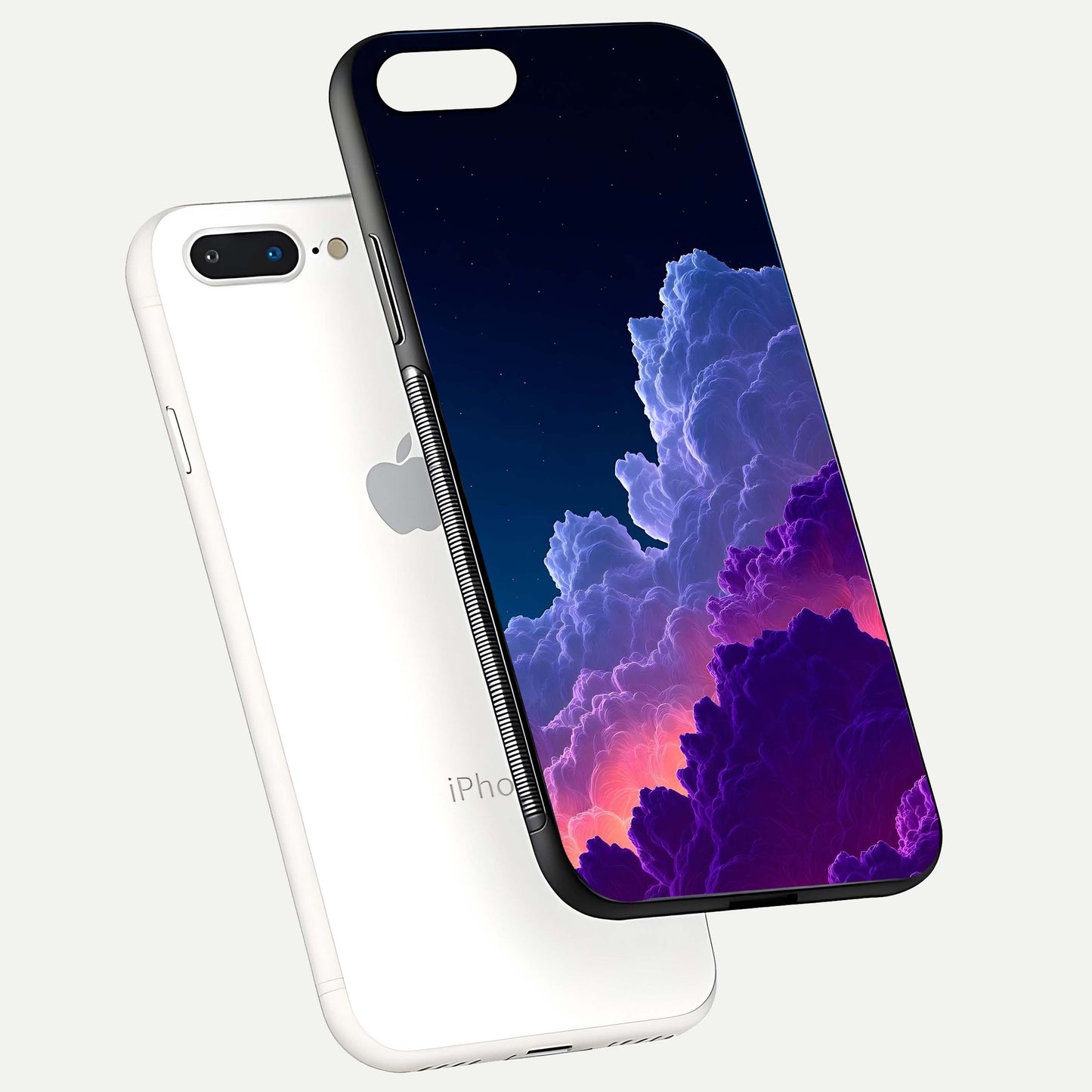 Dreamy Cloud Skies Glass Case for iPhone 7 Plus floating mockup showing glossy depth and delicate tone