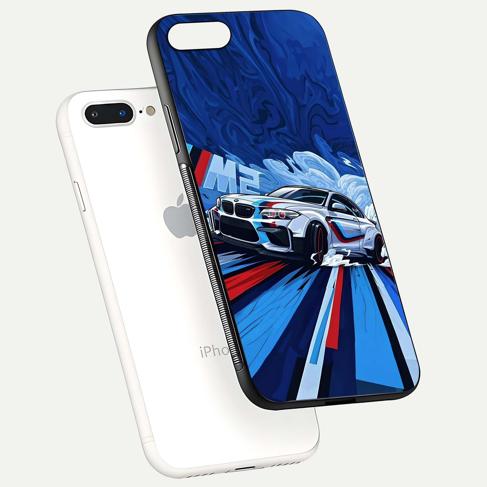 Drift Power Rush Glass Case for iPhone 7 Plus floating mockup showing gloss polish and speed-theme design