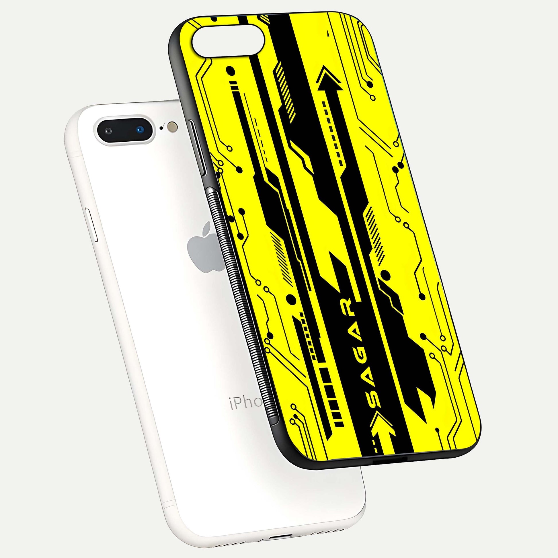 Electric Pulse CYBERPUNK Custom Name Glass Case for iPhone 7 Plus floating mockup showing HD gloss and vibrant cyberpunk glow