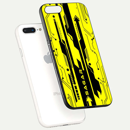 Electric Pulse CYBERPUNK Custom Name Glass Case for iPhone 7 Plus floating mockup showing HD gloss and vibrant cyberpunk glow