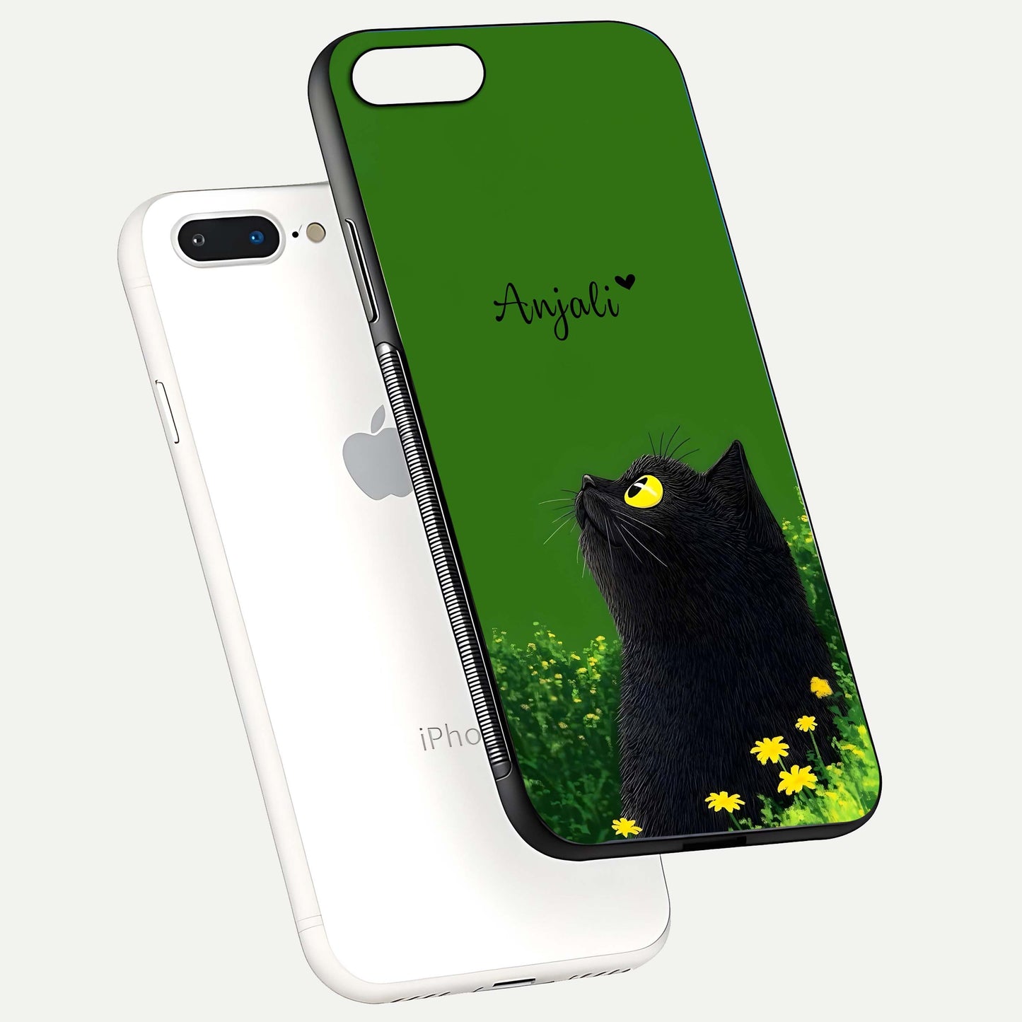 Emerald Cat Custom Name Glass Case for iPhone 7 Plus floating mockup showing HD gloss and soft gradient