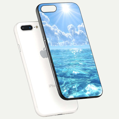 Endless Ocean Horizon Glass Case for iPhone 7 Plus floating mockup showing HD gloss and tranquil color