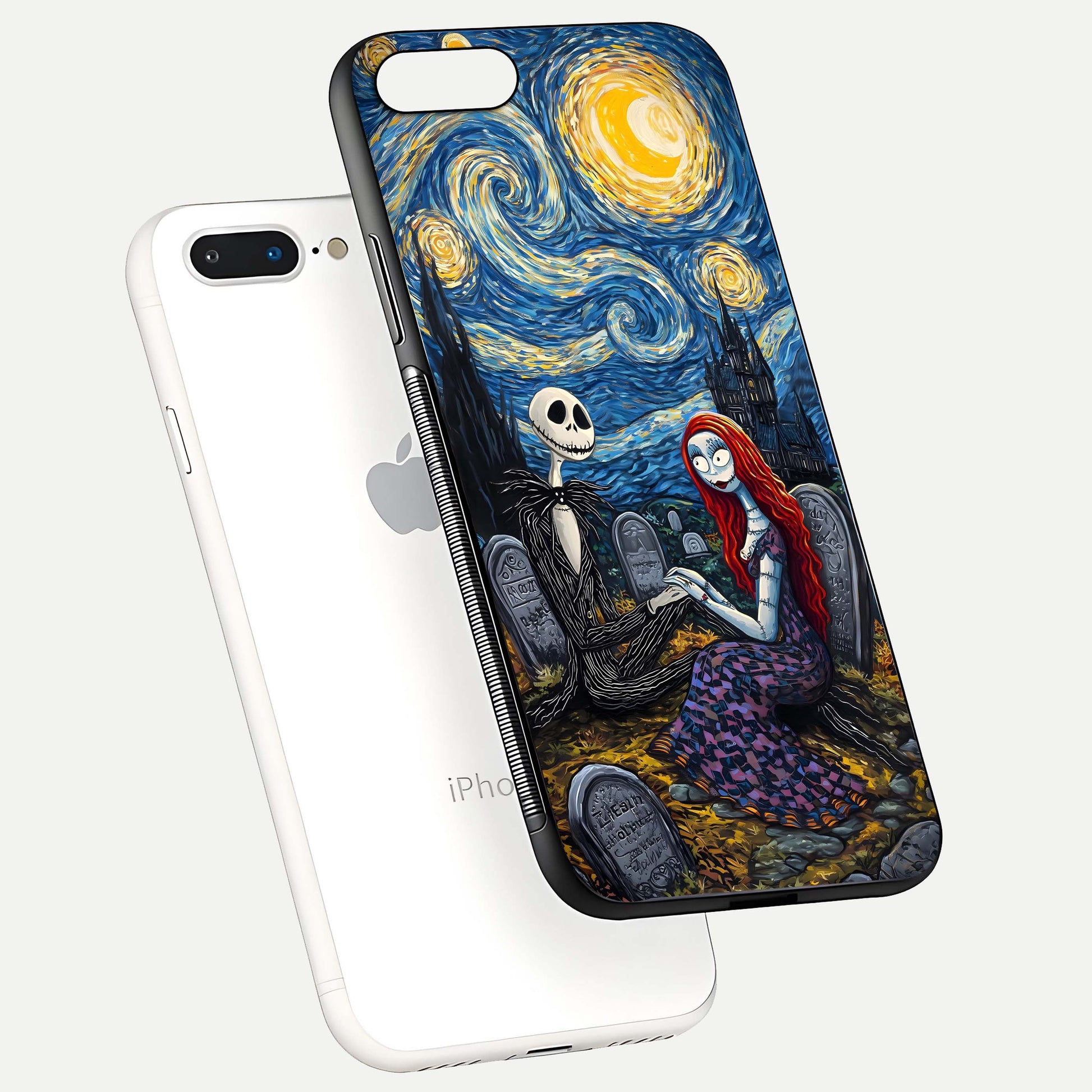 Eternal Night Love Glass Case for iPhone 7 Plus floating mockup showing gloss brightness and romantic vibe