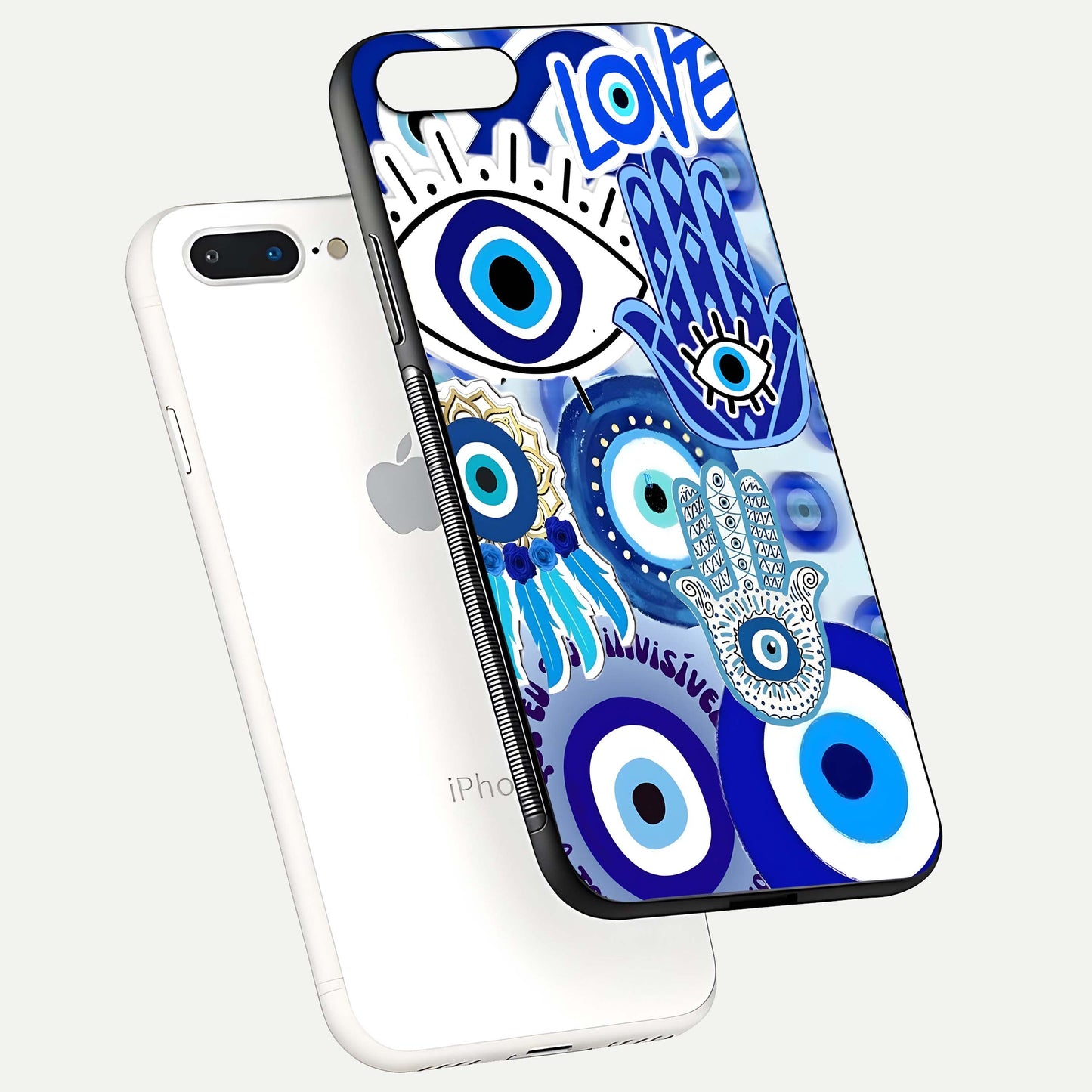 Evil Eyes Dream Glass Case for iPhone 7 Plus floating mockup showing glossy shine and elegant pattern clarity