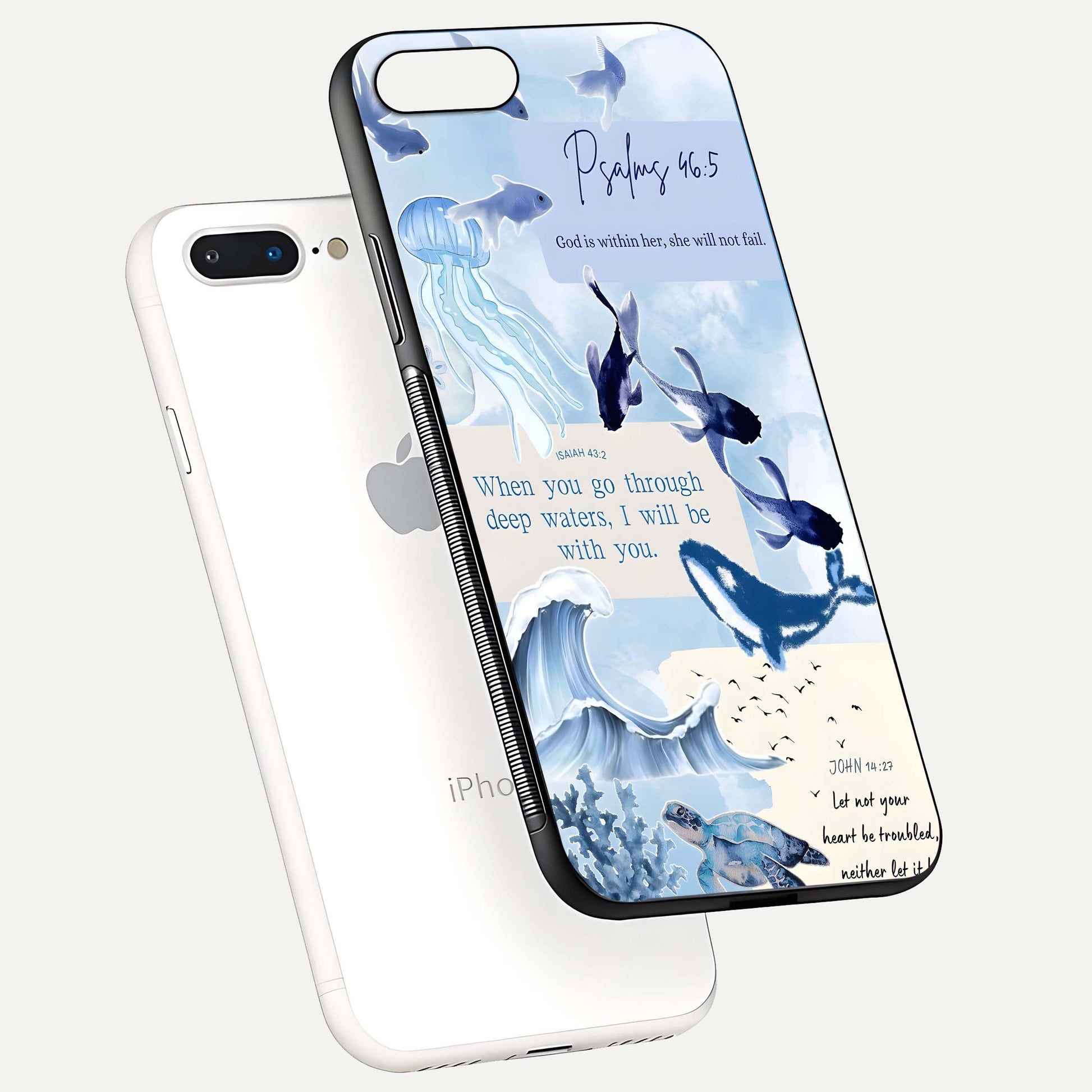 Faithful Ocean Promise Glass Case for iPhone 7 Plus floating mockup displaying glossy surface and vivid depth