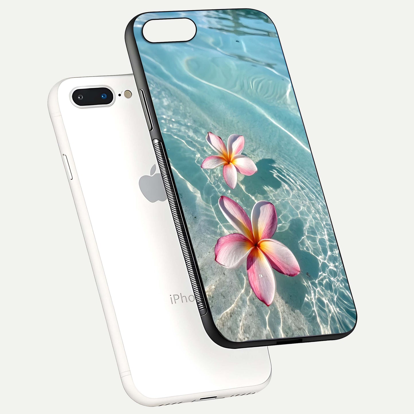Floating Bloom Bliss Glass Case for iPhone 7 Plus floating mockup showing HD gloss shine and floral texture