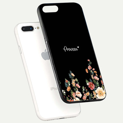 Floral Design Personalized Custom Name Glass Case for iPhone 7 Plus floating mockup showing reflection polish and vivid colors