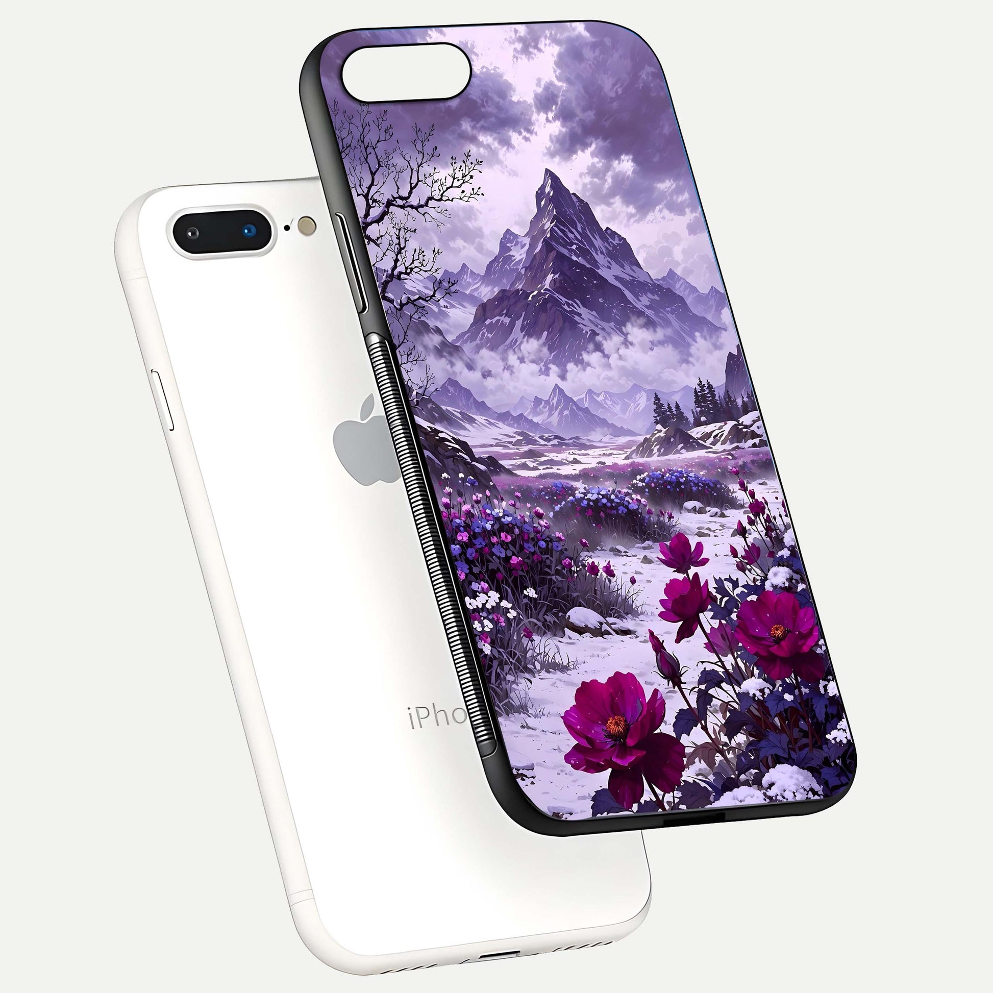 Flower Mountain View Glass Case for iPhone 7 Plus floating mockup showing reflection glow and artistic clarity