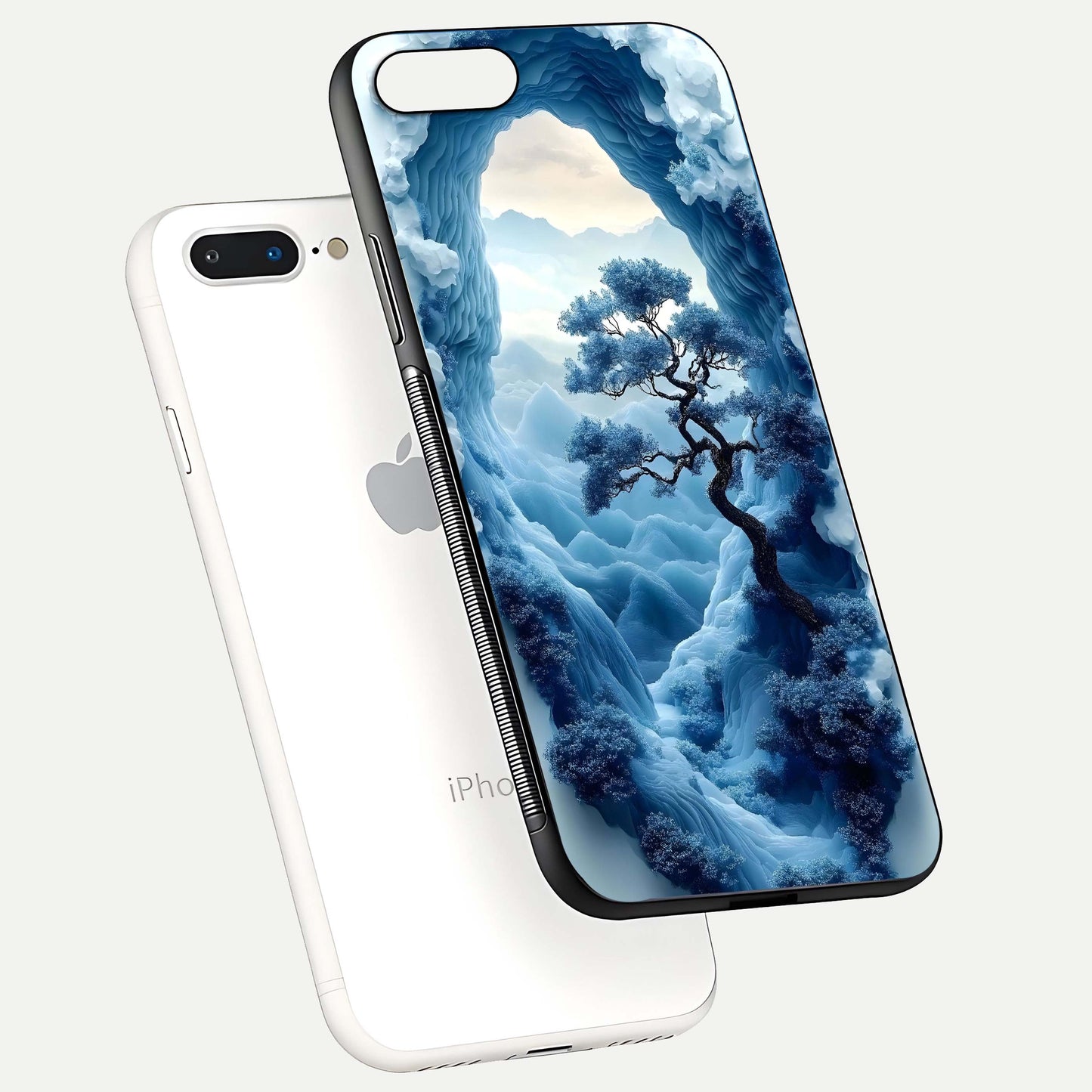Frozen Serenity Gate Glass Case for iPhone 7 Plus floating mockup showing glossy depth and crystal glow