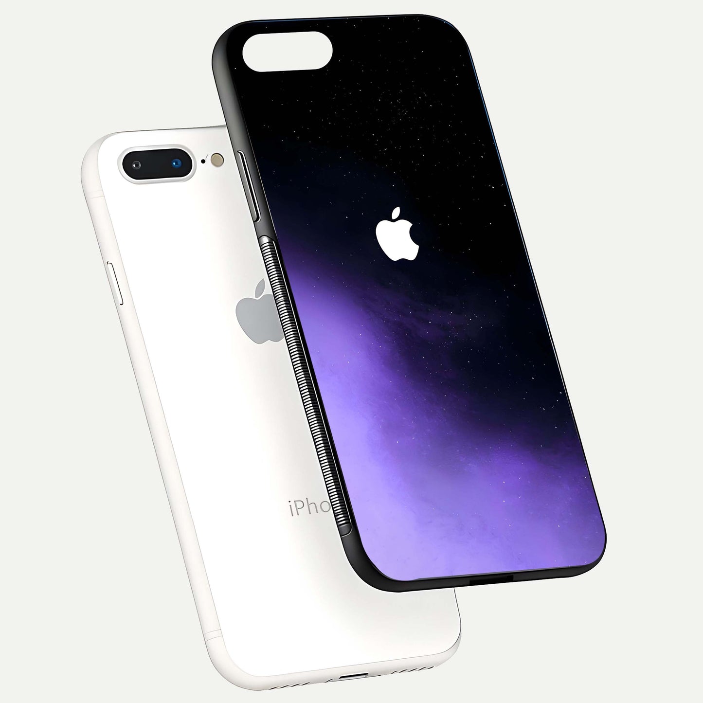 Galaxy Apple Aura Glass Case for iPhone 7 Plus floating dual-view mockup highlighting HD gloss and deep space color blend