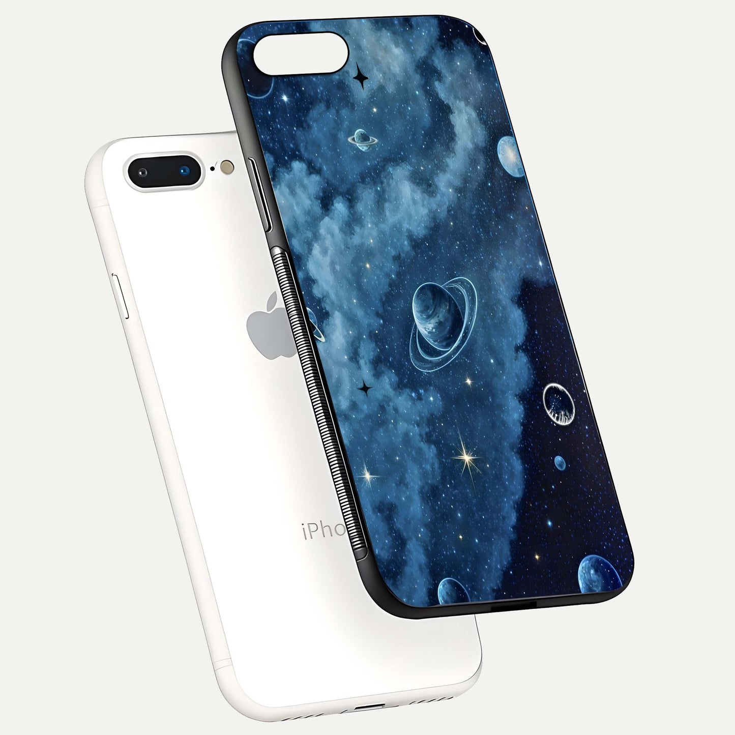 Galaxy Dream Space Glass Case for iPhone 7 Plus floating dual-view mockup showing glossy finish and celestial depth