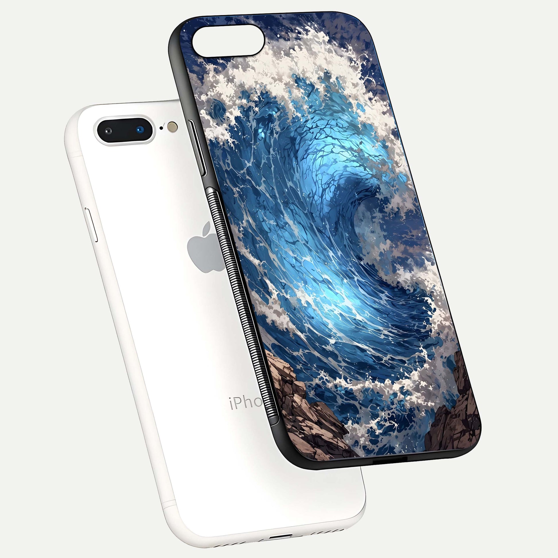 Giant Ocean Wave Glass Case for iPhone 7 Plus floating dual-view mockup showing glossy depth and aquatic blue gradient