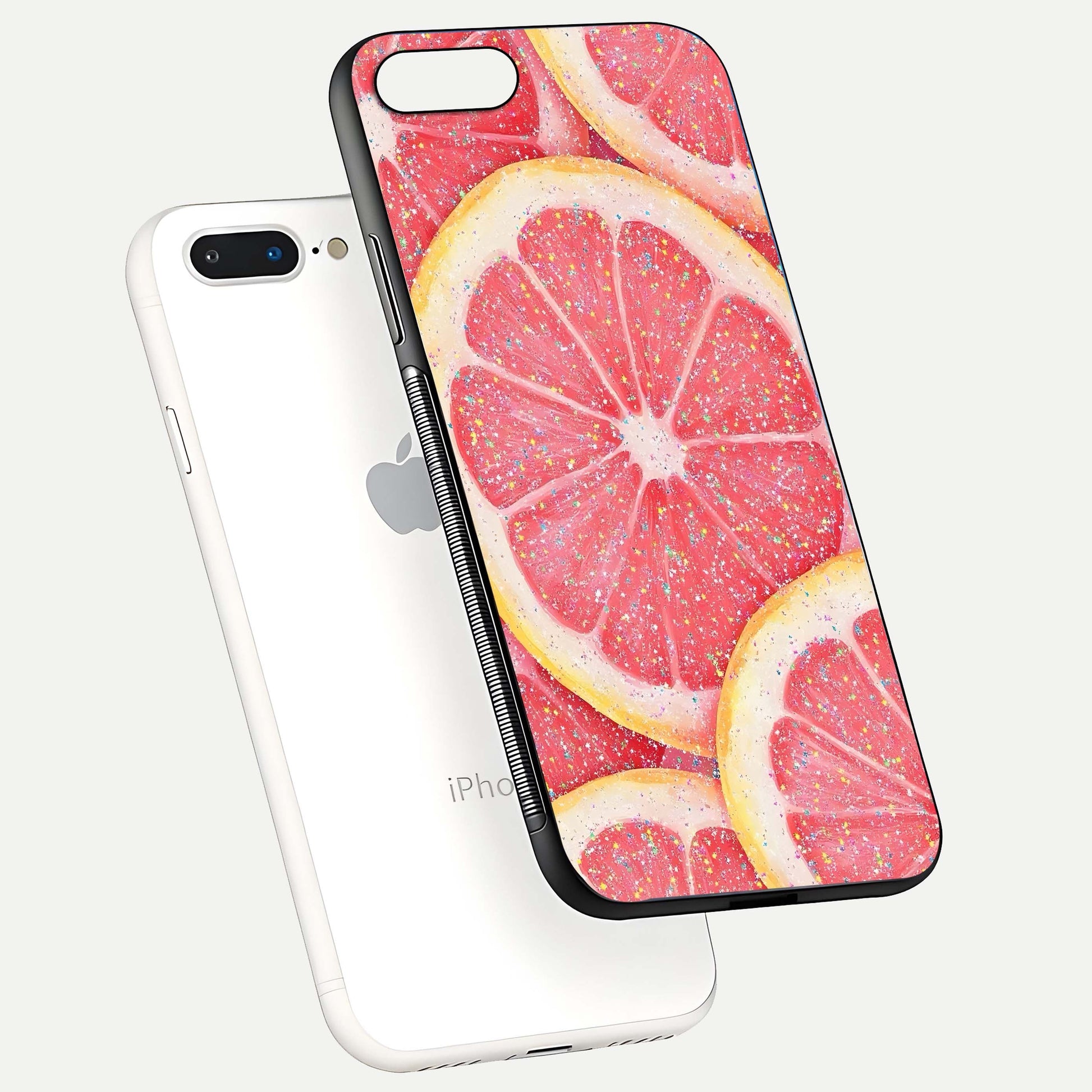 Glitter Grapefruit Glass Case for iPhone 7 Plus floating dual-view mockup showing HD gloss and fresh color detail