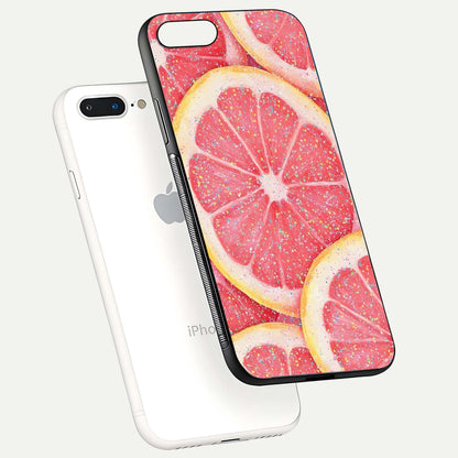 Glitter Grapefruit Glass Case for iPhone 7 Plus floating dual-view mockup showing HD gloss and fresh color detail