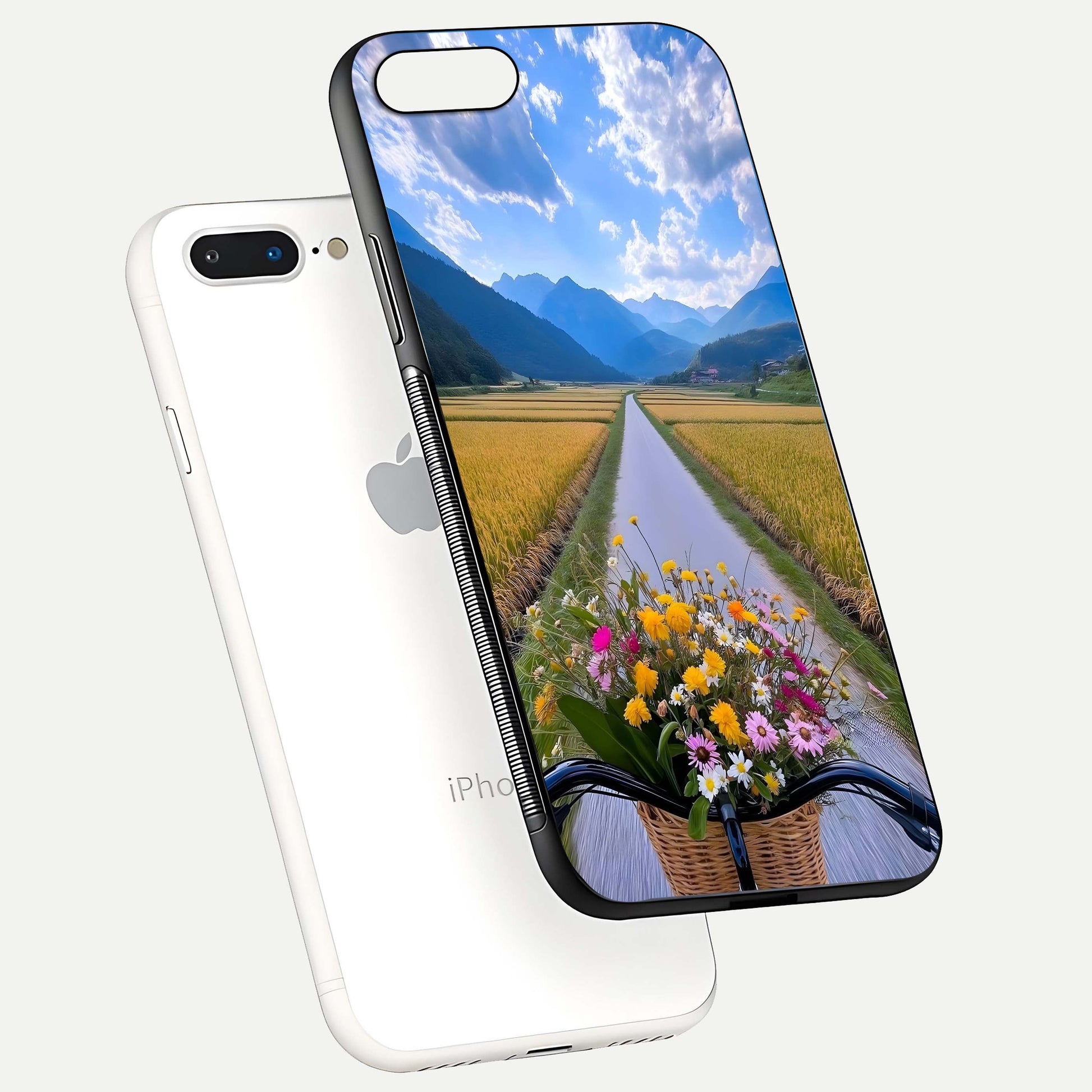 Golden Field Journey Glass Case for iPhone 7 Plus floating dual-view mockup showing gloss surface and field depth