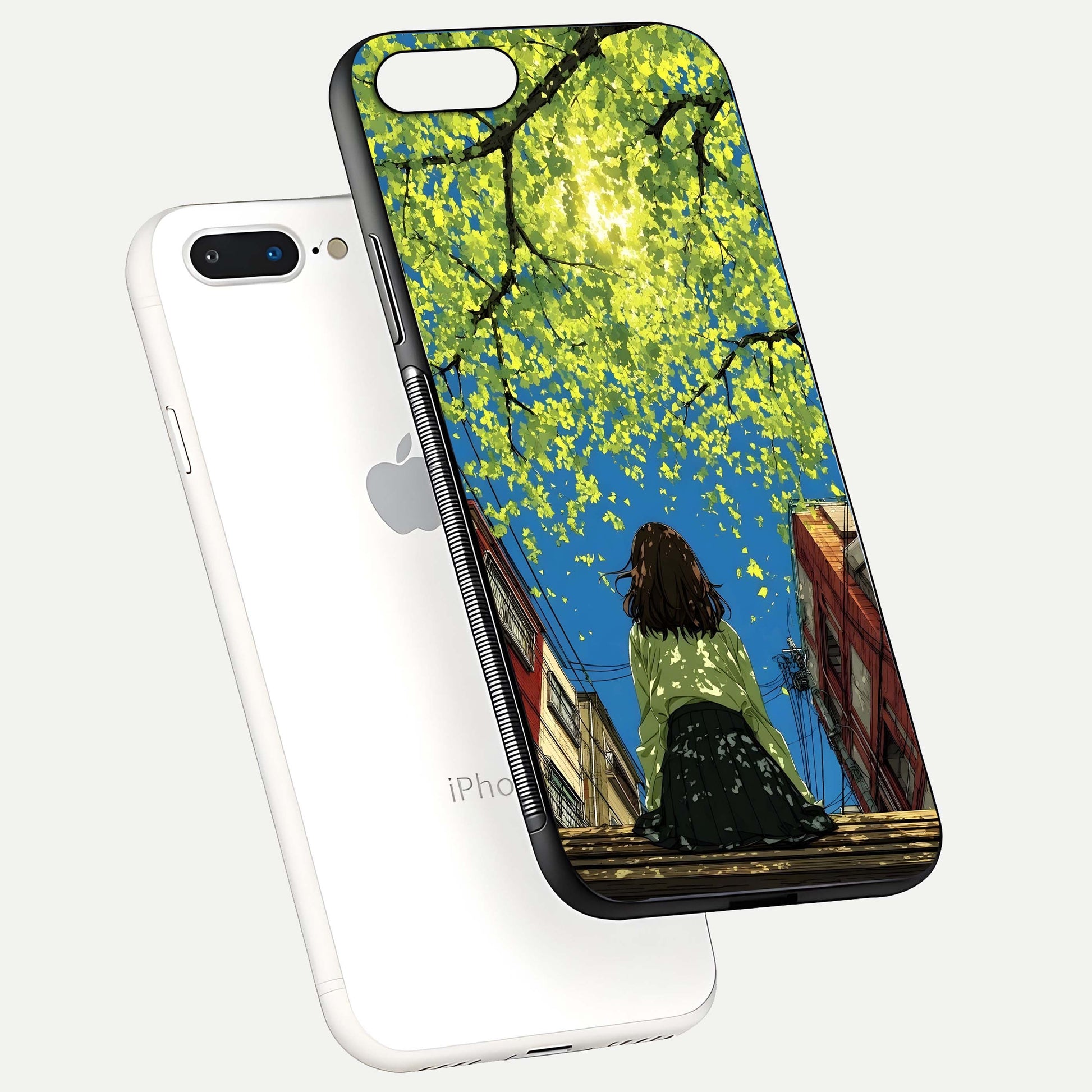 Golden Leaves Glow Glass Case for iPhone 7 Plus floating dual-view mockup showing gloss depth and gold-leaf detail
