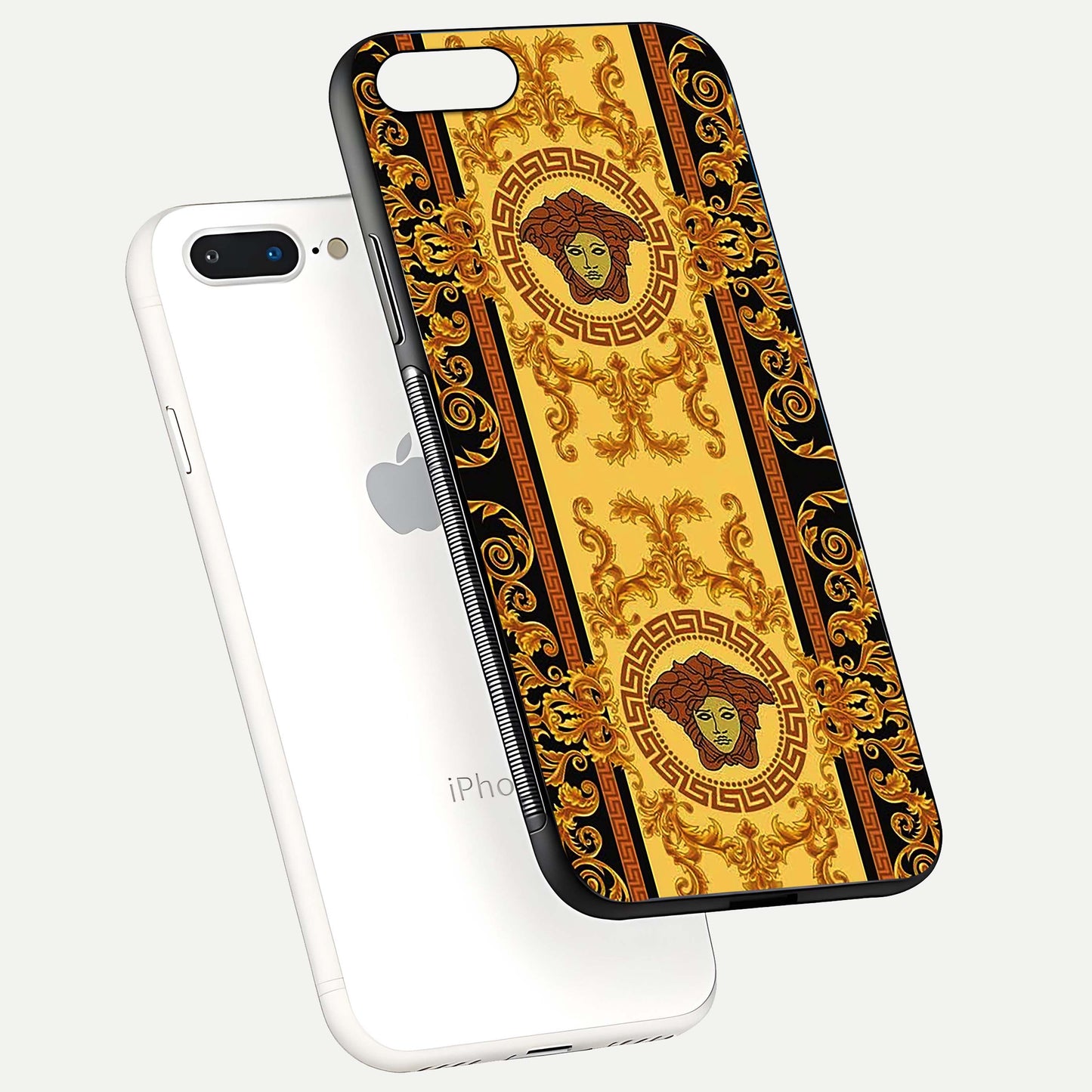 Golden Royal Heritage Glass Case for iPhone 7 Plus floating dual-view mockup showing glossy surface and rich regal tone