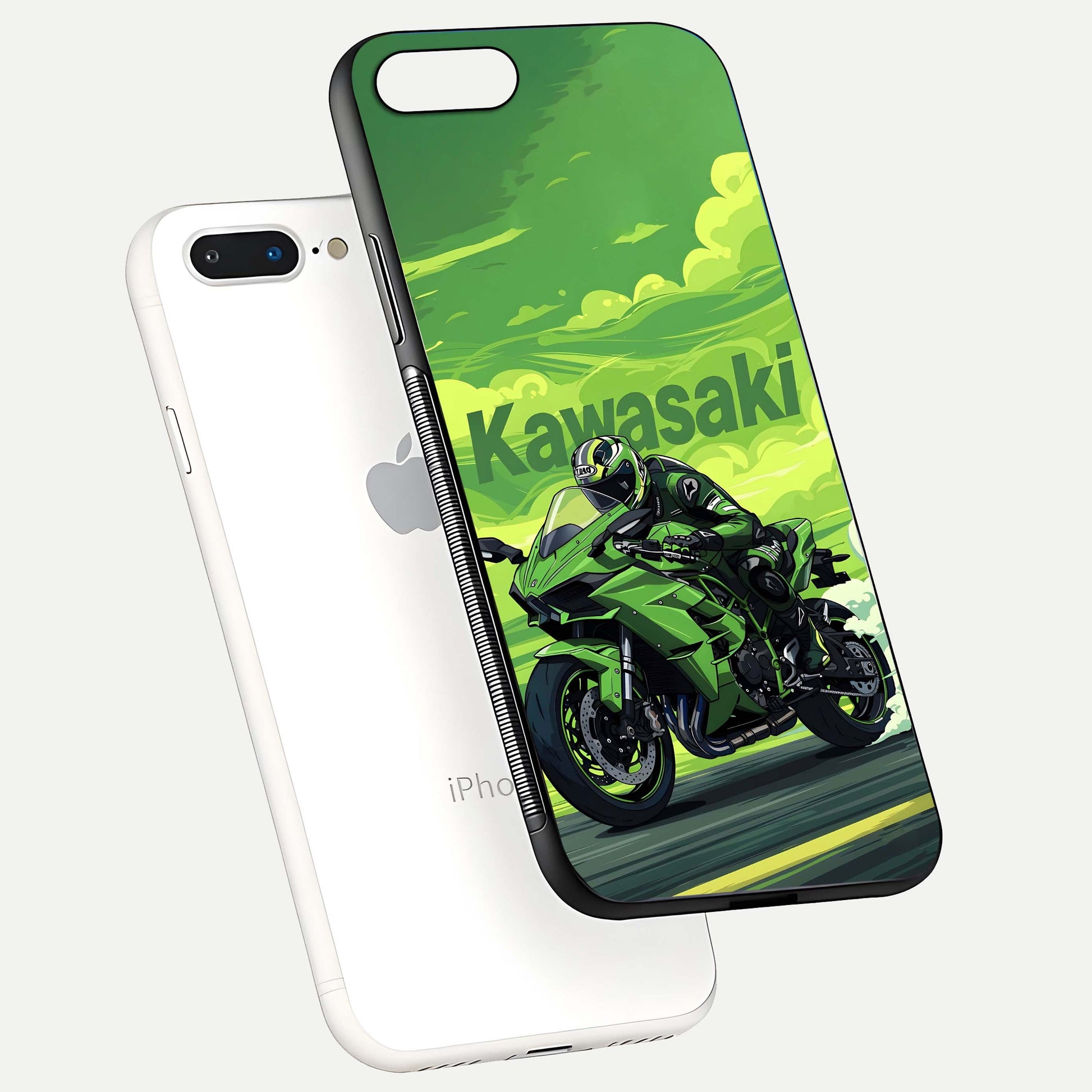 Green Kawasaki Glass Case for iPhone 7 Plus floating dual-view mockup showing gloss surface and power-bike theme