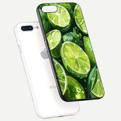 Green Lemon Glass Case for iPhone 7 Plus floating dual-view mockup showing glossy surface and fruity freshness