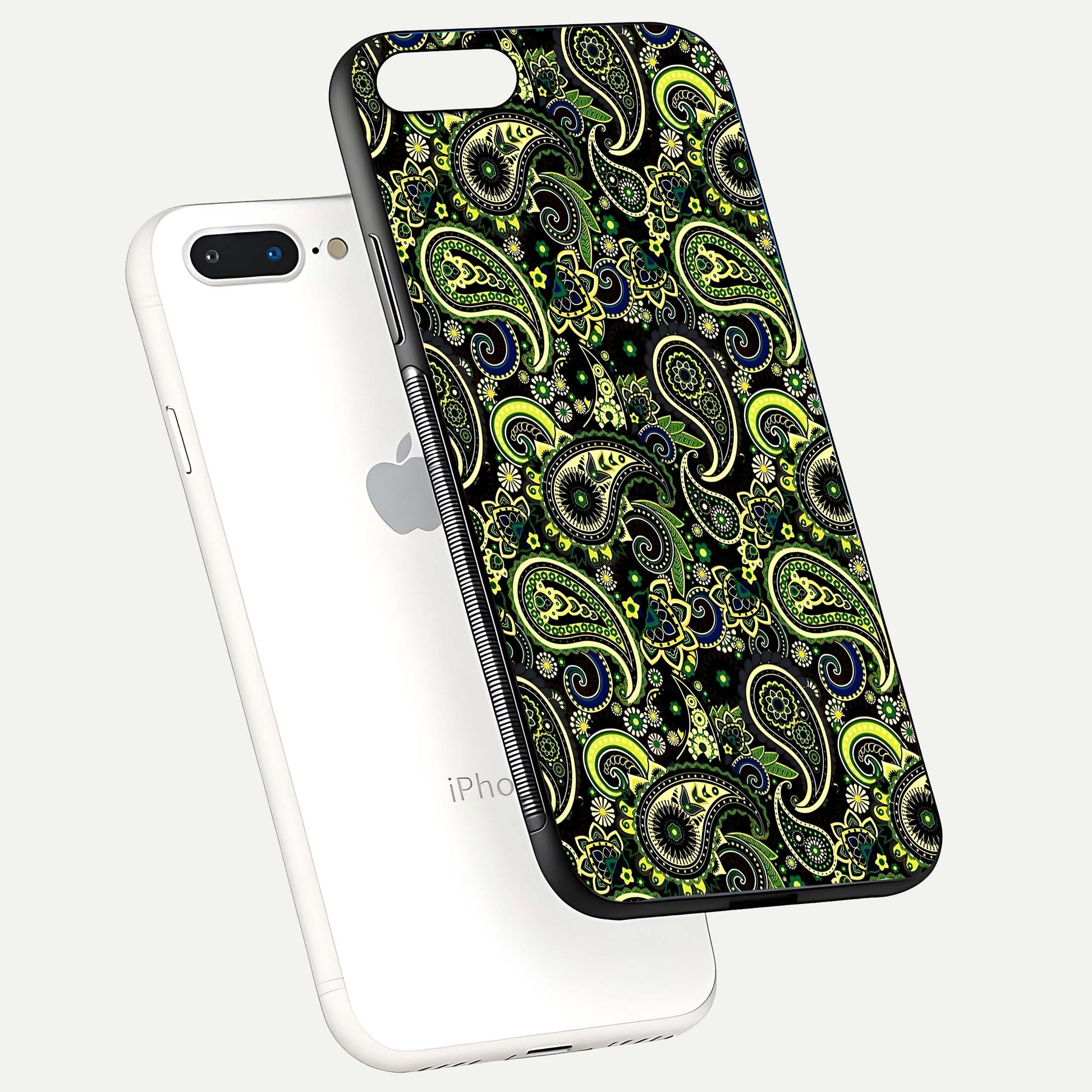 Green Mandala Pattern Glass Case for iPhone 7 Plus floating dual-view mockup showing gloss texture and symmetry shine