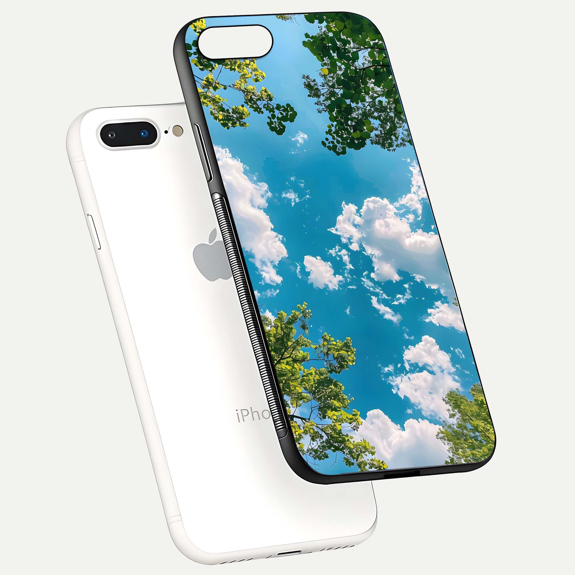 Greenery Sky Glass Case for iPhone 7 Plus floating dual-view mockup showing glossy shine and soft natural tones