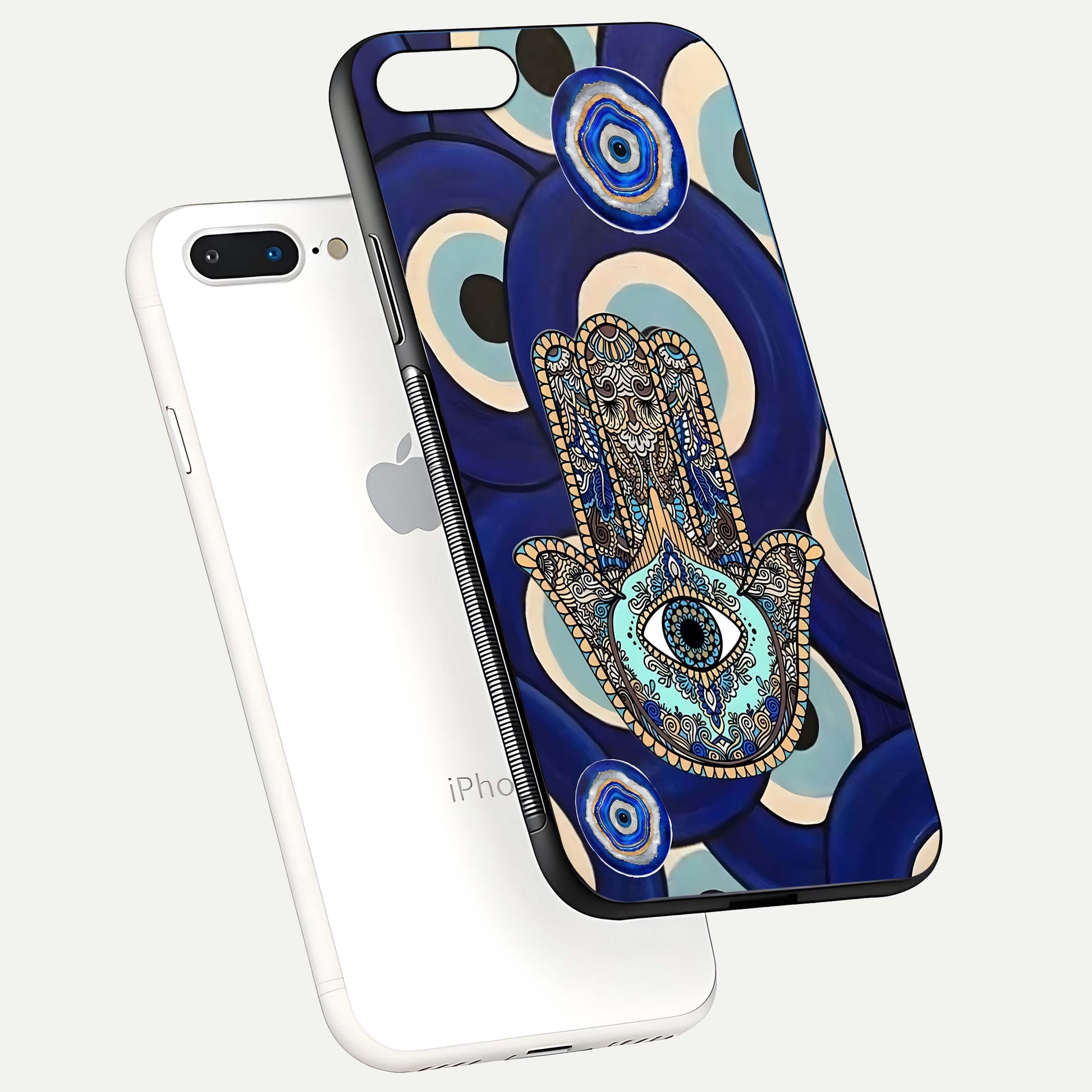 Hamsa Divine Guard Glass Case for iPhone 7 Plus floating dual-view mockup showing gloss shine and mystical pattern