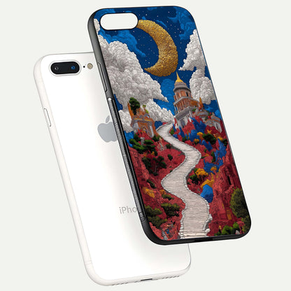 Heavenly Moon Path Glass Case for iPhone 7 Plus floating dual-view mockup showing gloss surface and celestial pathway