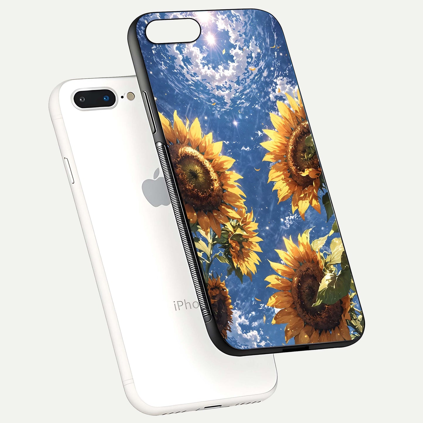Heavenly Sunflower Rise Glass Case for iPhone 7 Plus floating dual-view mockup showing gloss brightness and morning-light feel