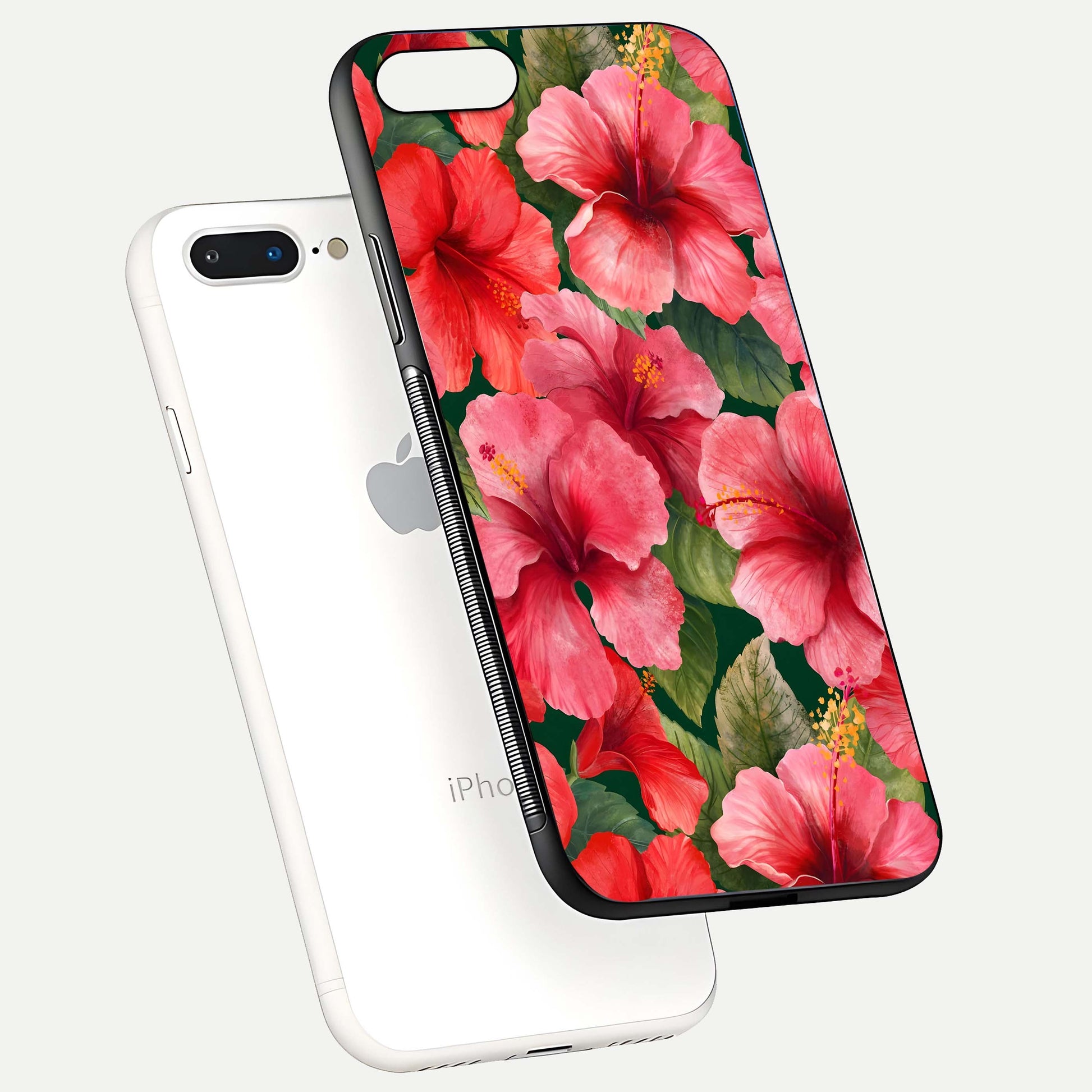 Hibiscus Pattern Glass Case for iPhone 7 Plus floating dual-view mockup showing glossy texture and vivid color depth