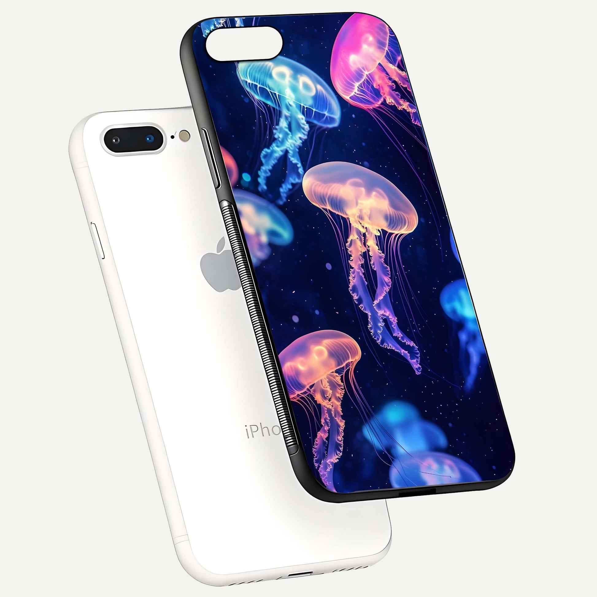 Jellyfish Pattern Glass Case for iPhone 7 Plus floating dual-view mockup showing gloss texture and oceanic depth