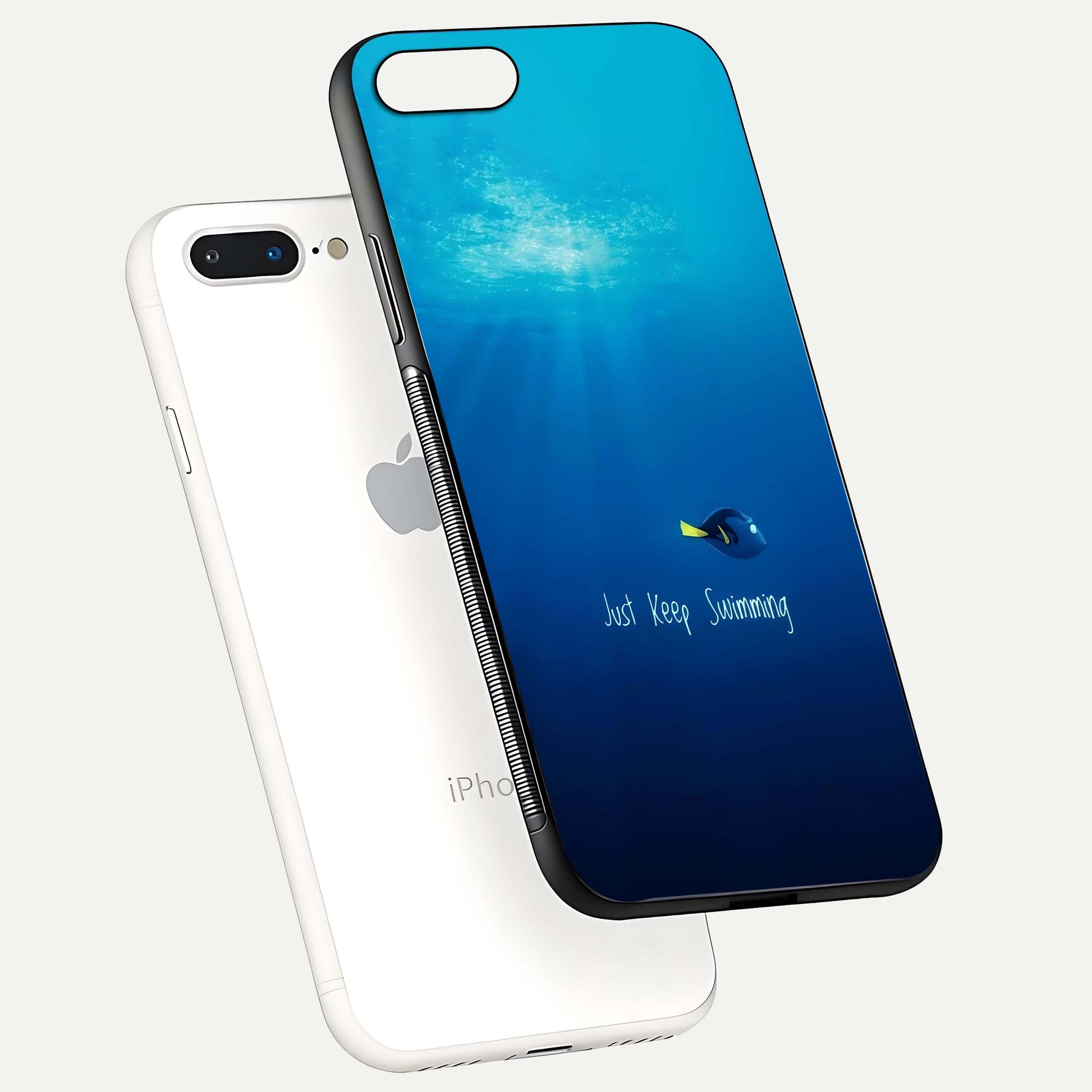 Just Keep Swimming Glass Case for iPhone 7 Plus floating dual-view mockup showing gloss brightness and wave motif