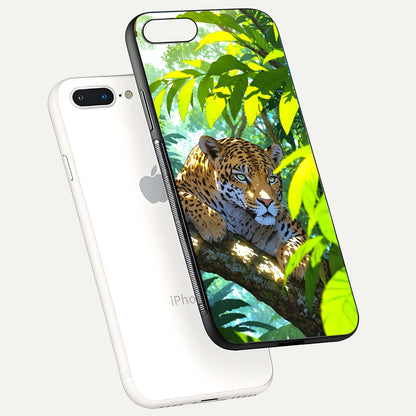 Leopard in Jungle Glass Case for iPhone 7 Plus floating dual-view mockup showing gloss finish and HD wild pattern