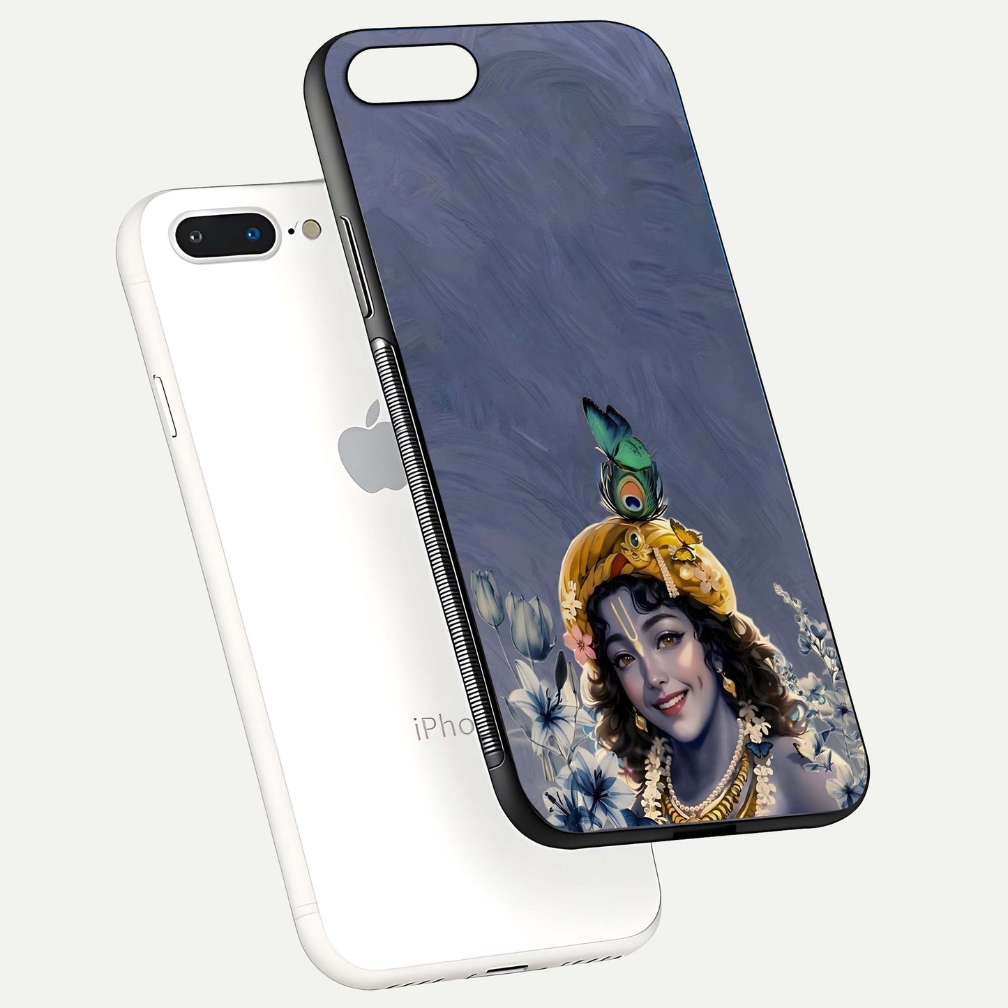 Lord Krishna Glass Case for iPhone 7 Plus floating dual-view showing glossy shine and divine artistic pattern