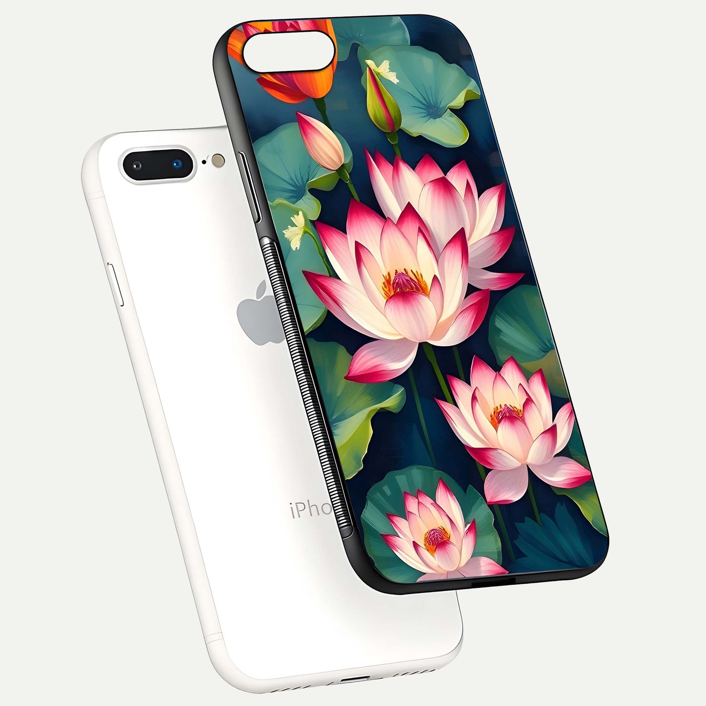 Lotus Dream Serenity Glass Case for iPhone 7 Plus floating dual-view mockup highlighting HD gloss glow
