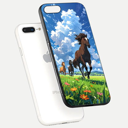 Majestic Horses Galloping Glass Case for iPhone 7 Plus floating dual-view mockup showing gloss texture and vivid tones