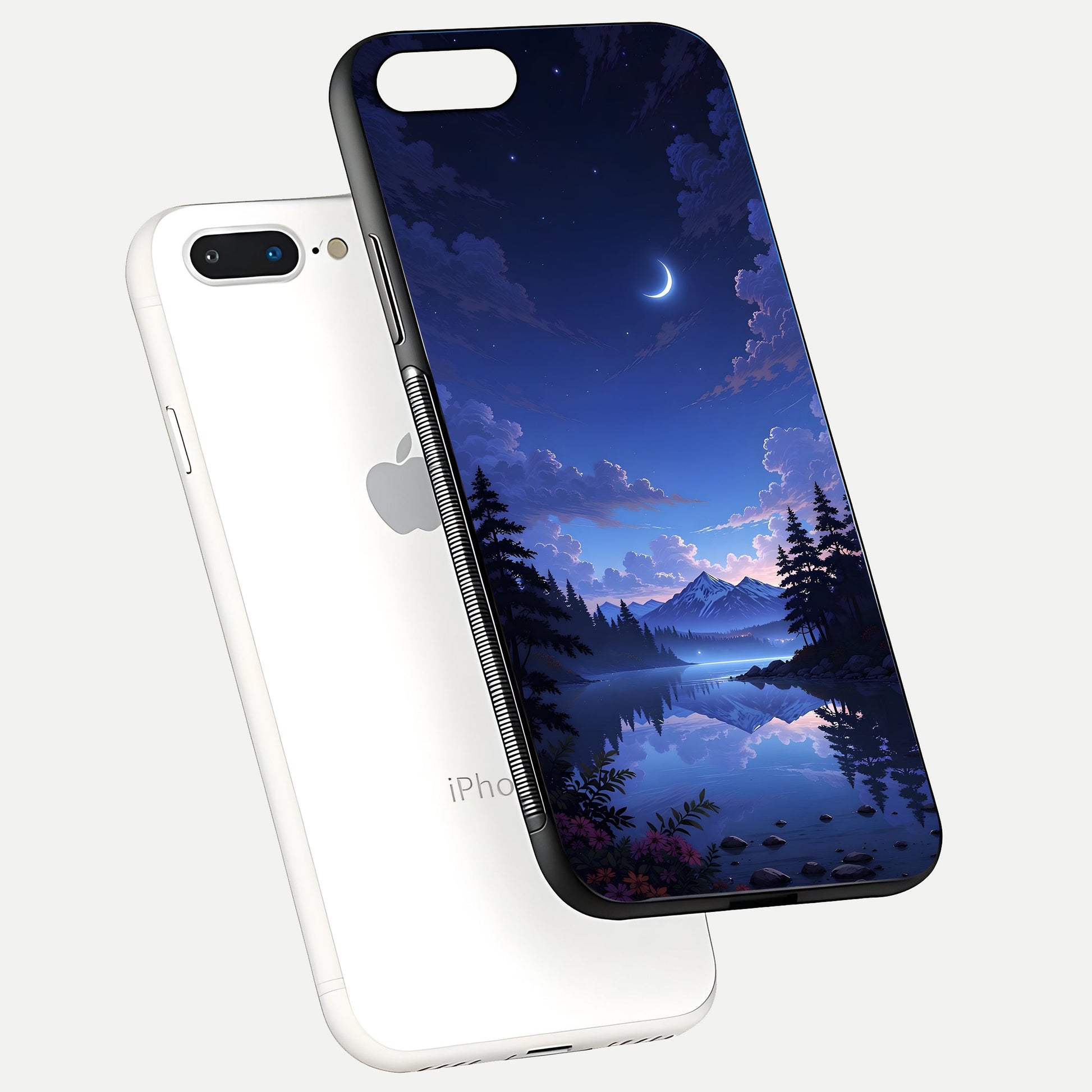 Midnight Lake Peace Glass Case for iPhone 7 Plus floating dual-view mockup showing gloss finish and peaceful art
