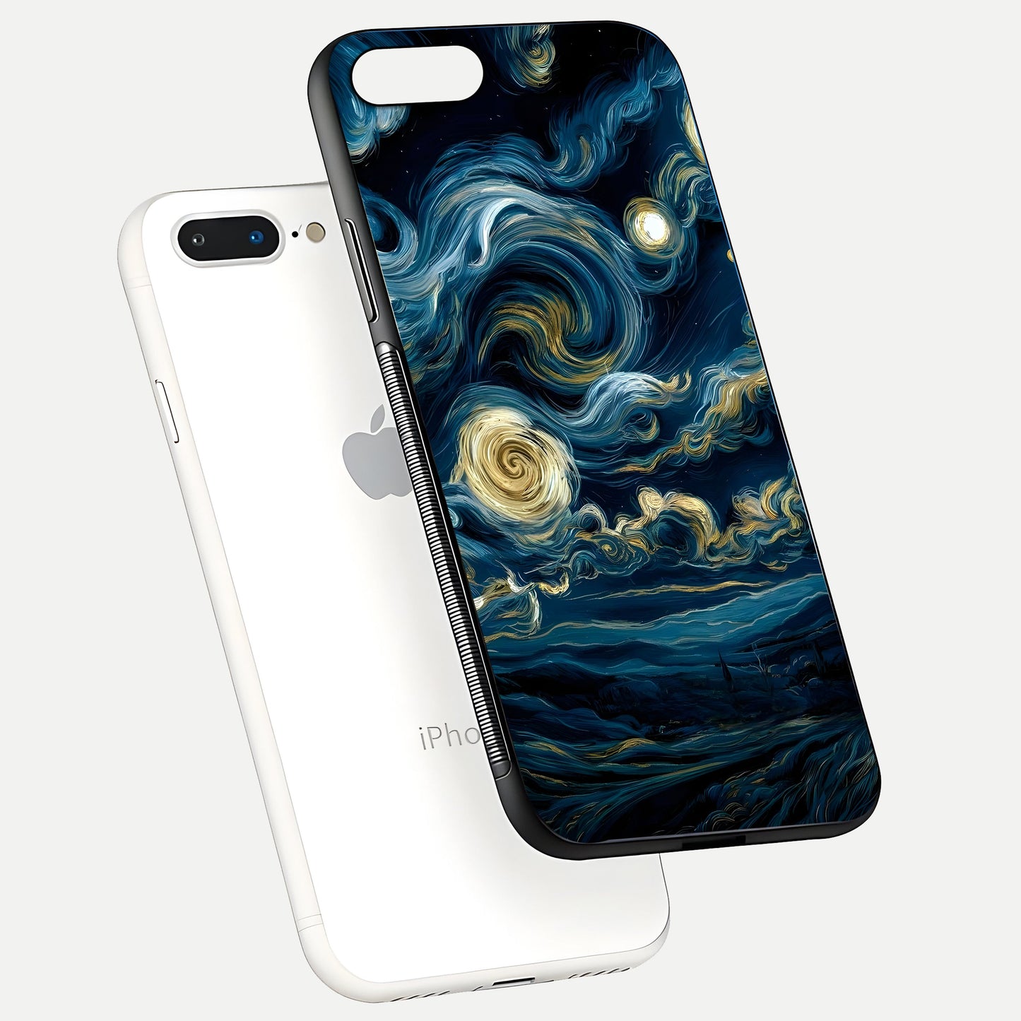 Midnight Sky Whirl Glass Case for iPhone 7 Plus floating dual-view mockup showing gloss texture and shine