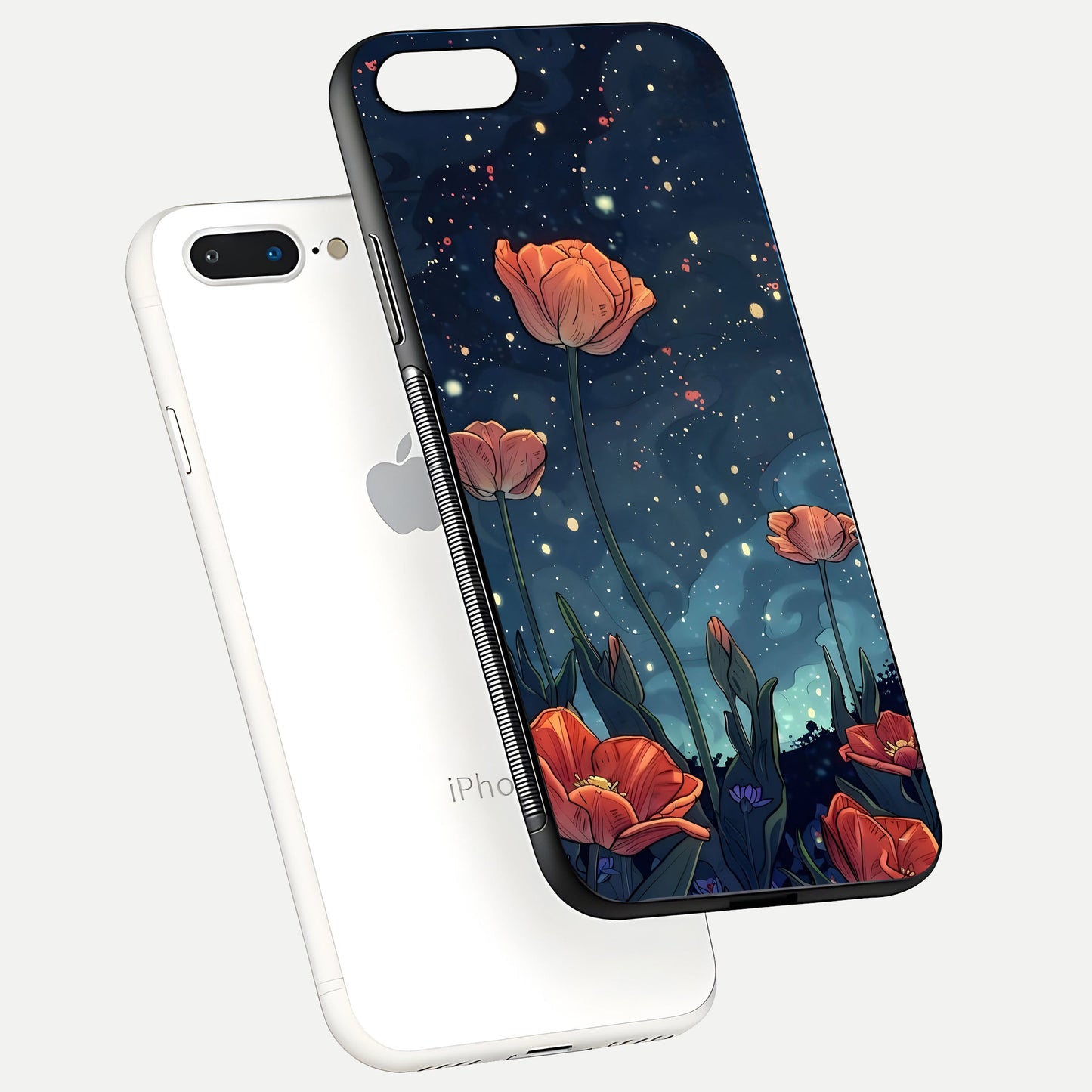 Midnight Tulip Glow Glass Case for iPhone 7 Plus floating dual-view mockup showing HD gloss and tulip tone