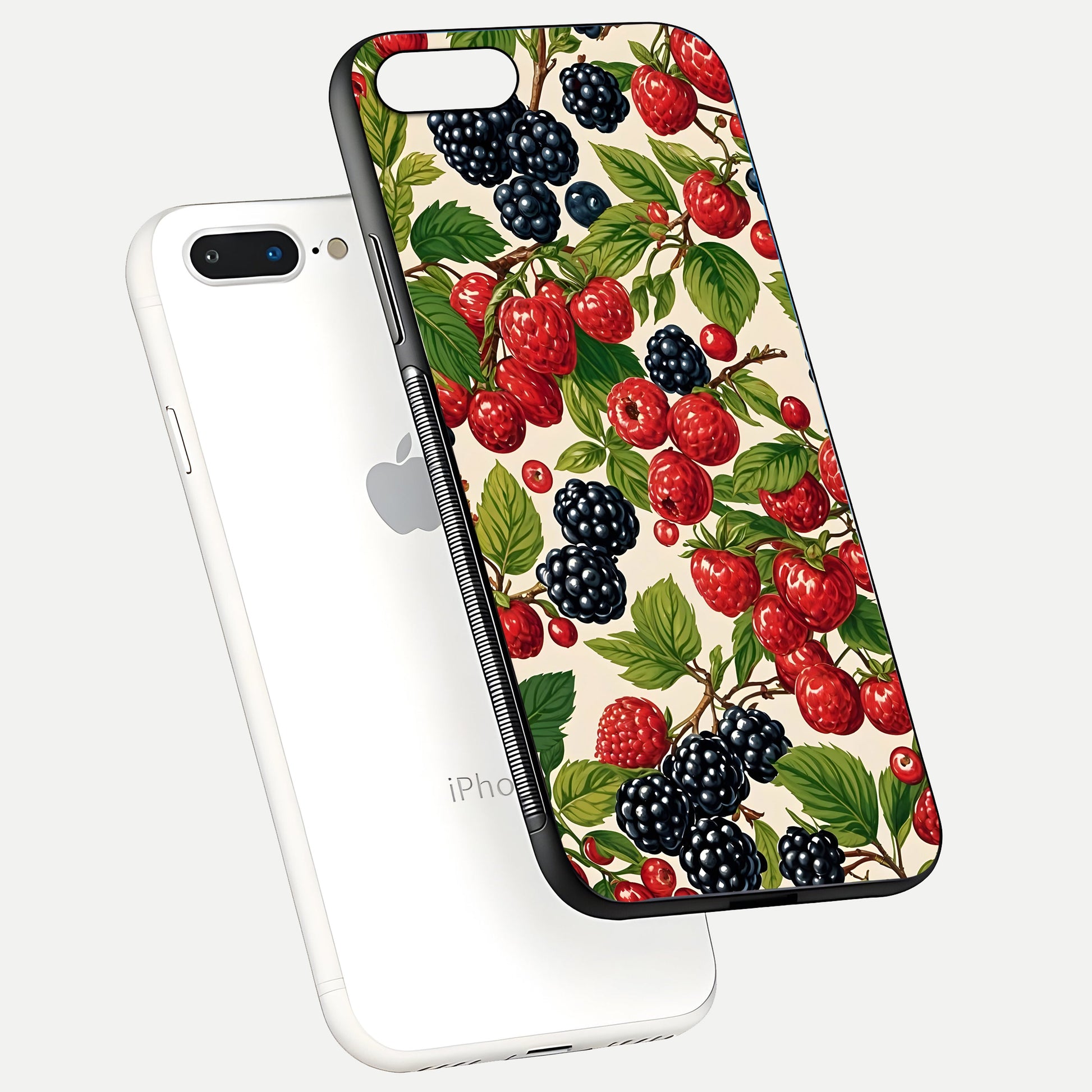 Mixed Berry Collage Glass Case for iPhone 7 Plus floating dual-view mockup showing gloss depth and vibrant design