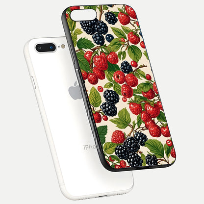Mixed Berry Collage Glass Case for iPhone 7 Plus floating dual-view mockup showing gloss depth and vibrant design