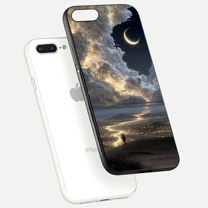 Moonlight Spark Path Glass Case for iPhone 7 Plus floating dual-view mockup showing gloss finish and shine depth
