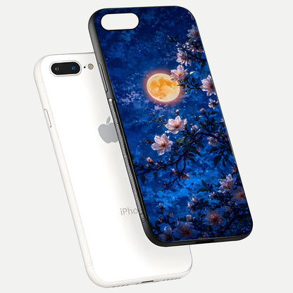 Moonlit Blossoms Night Glass Case for iPhone 7 Plus floating dual-view mockup showing HD gloss and floral contrast