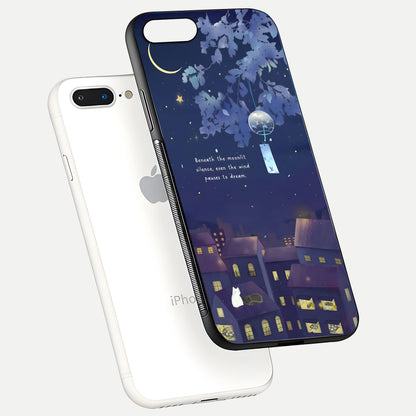 Moonlit Cat Silence Glass Case for iPhone 7 Plus floating dual-view mockup showing gloss reflection and moon art