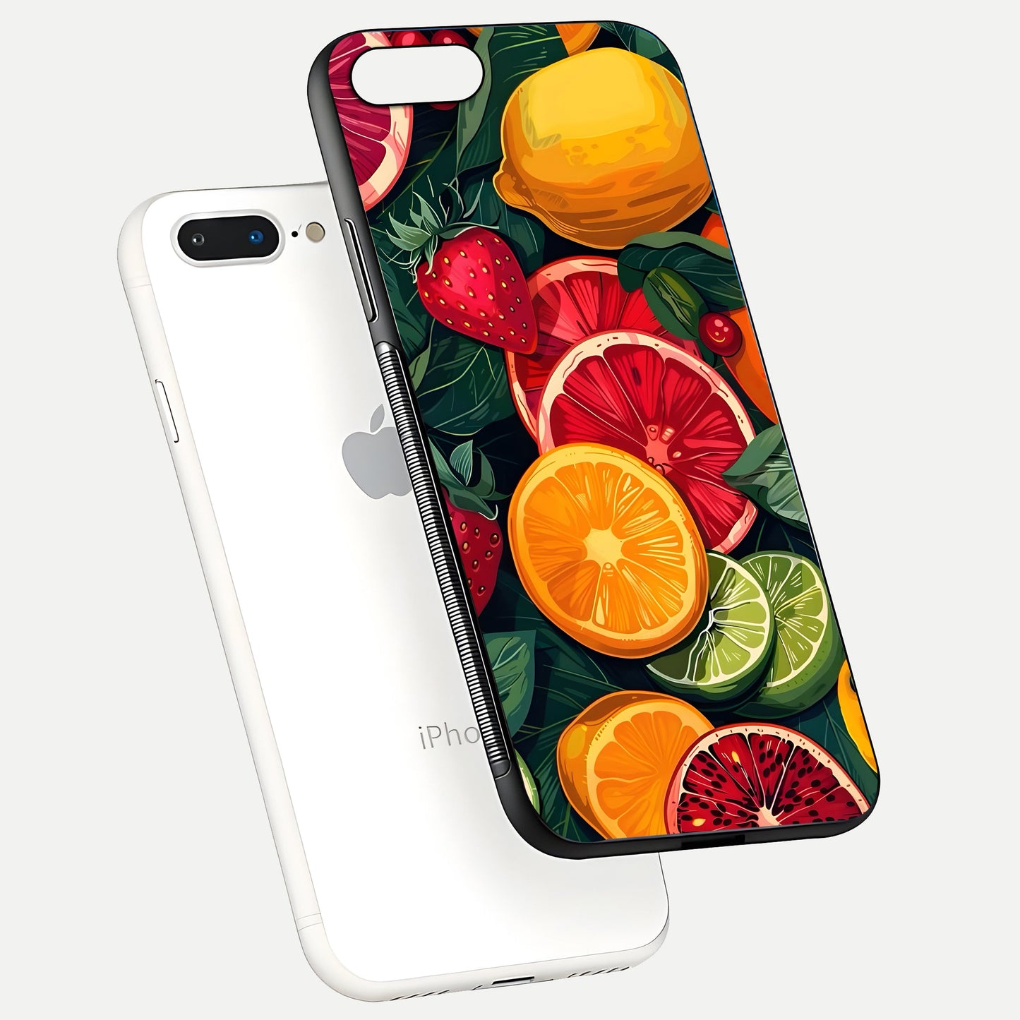 Multiple Fruits Glass Case for iPhone 7 Plus floating dual-view mockup showing reflection depth and freshness