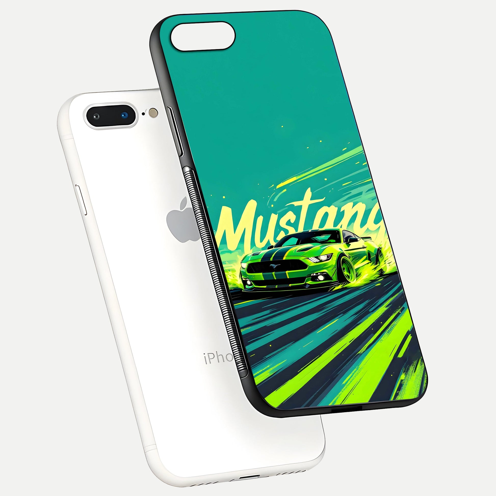 Mustang Bang Glass Case for iPhone 7 Plus floating dual-view mockup showing gloss depth and power design