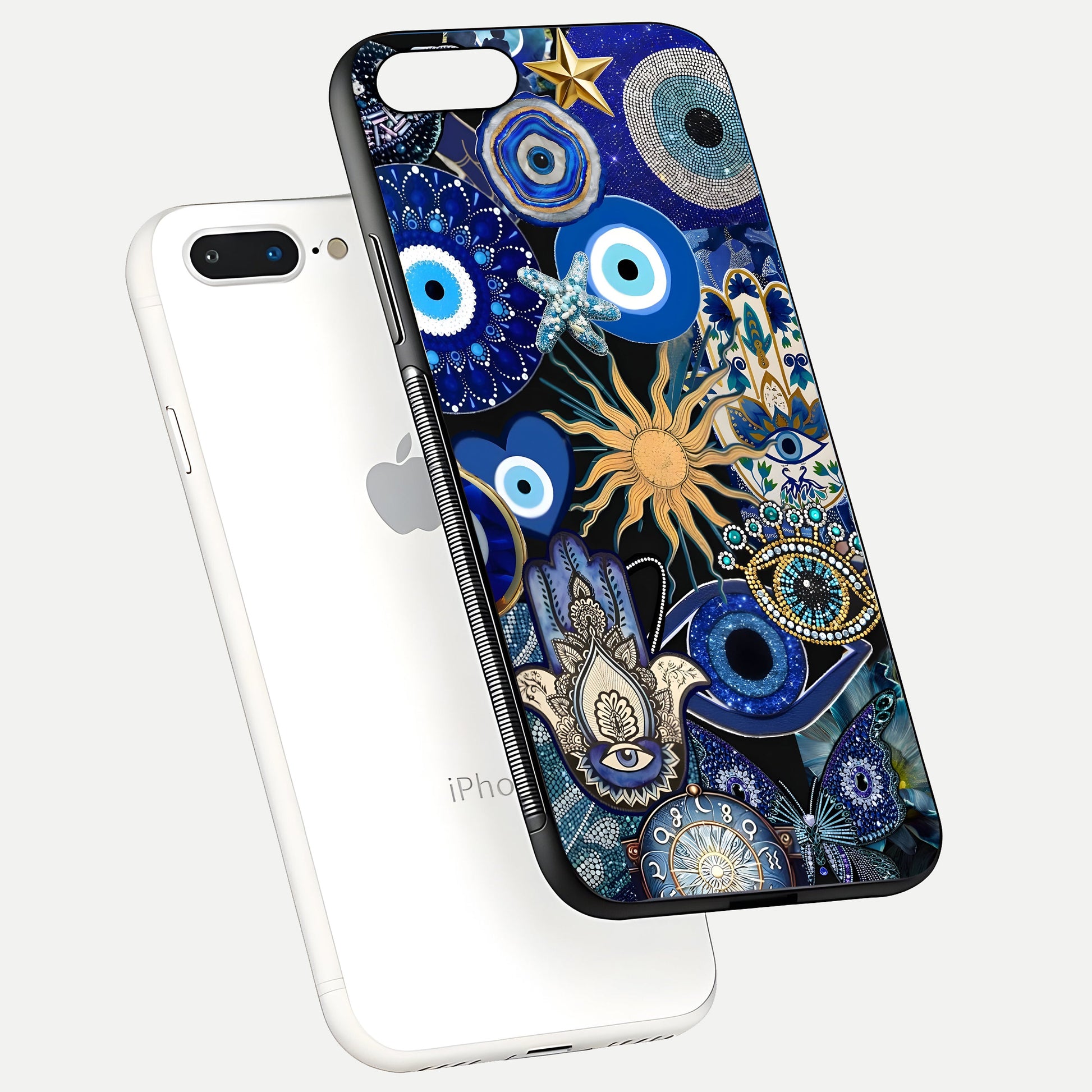 Mystic Blue Evil Eye Glass Case for iPhone 7 Plus floating dual-view mockup showing gloss depth and sacred symbol
