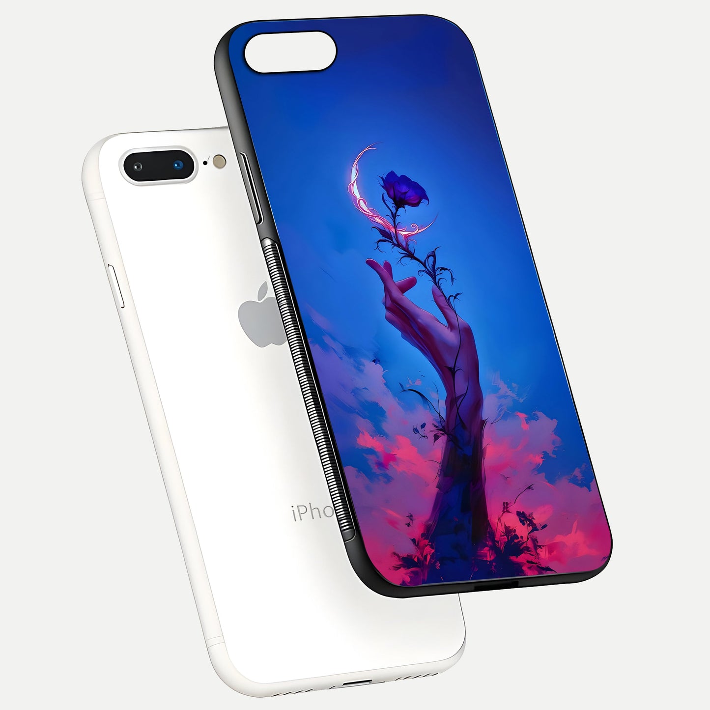 Mystic Hand Glass Case for iPhone 7 Plus floating dual-view mockup showing HD shine and fine palm detail