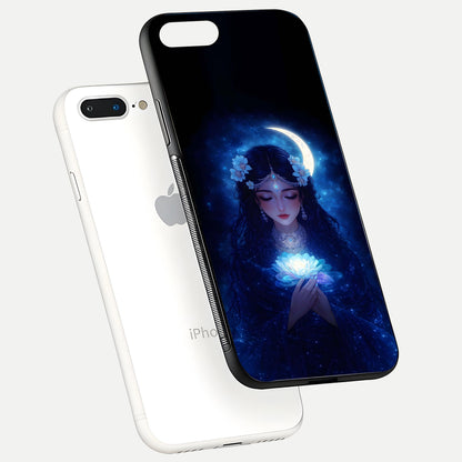 Mystic Moon Queen Glass Case for iPhone 7 Plus floating dual-view mockup showing HD gloss and cosmic glow